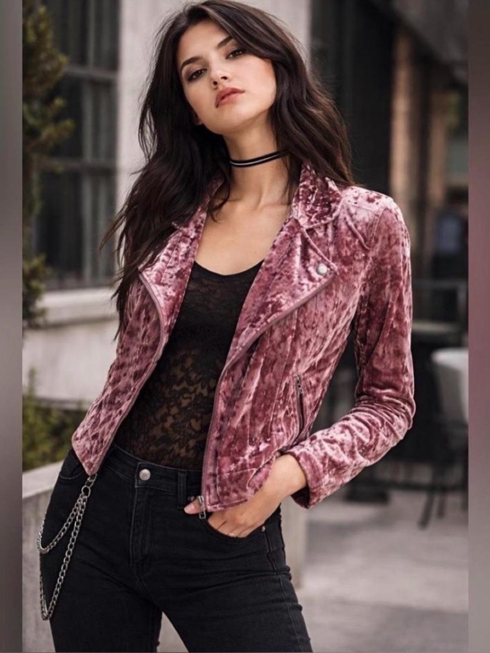 American Eagle Outfitters Crushed Velvet Moto Jacket in Dusty Rose